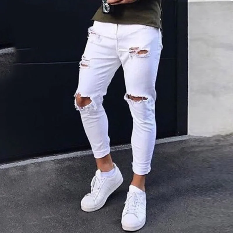 Men's Jeans Spring and Summer Fashion Solid Color Slim Ripped Jeans Men's Casual Button Mid-Waist Denim Pencil Pants Trousers