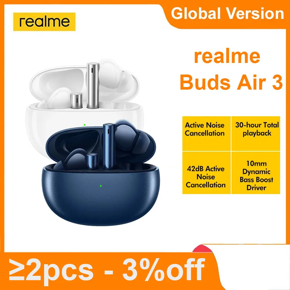 

realme buds air 3 Wireless Earphone 42dB Active Noice Cancelling 546mAh Massiver Battery Headphone IPX5 Water Resistant Headset