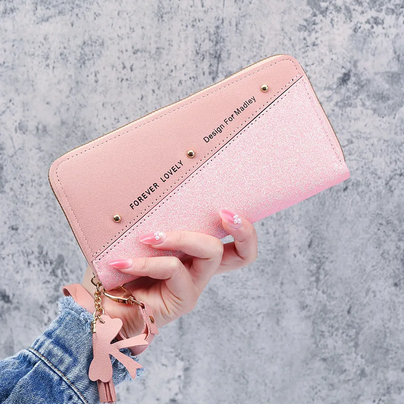 Fashion Women Sequin Patchwork Glitter Wallet Female Pu Leather Long Coin Purses Ladies Multifunction Wristband Clutch Phone Bag