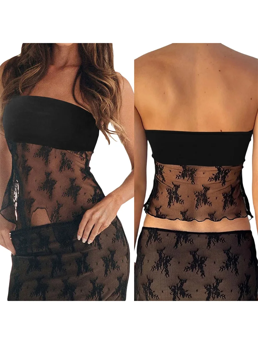 Женский укороченный топ-бандо с кружевной отделкой и рюшами сетчатый прозрачный