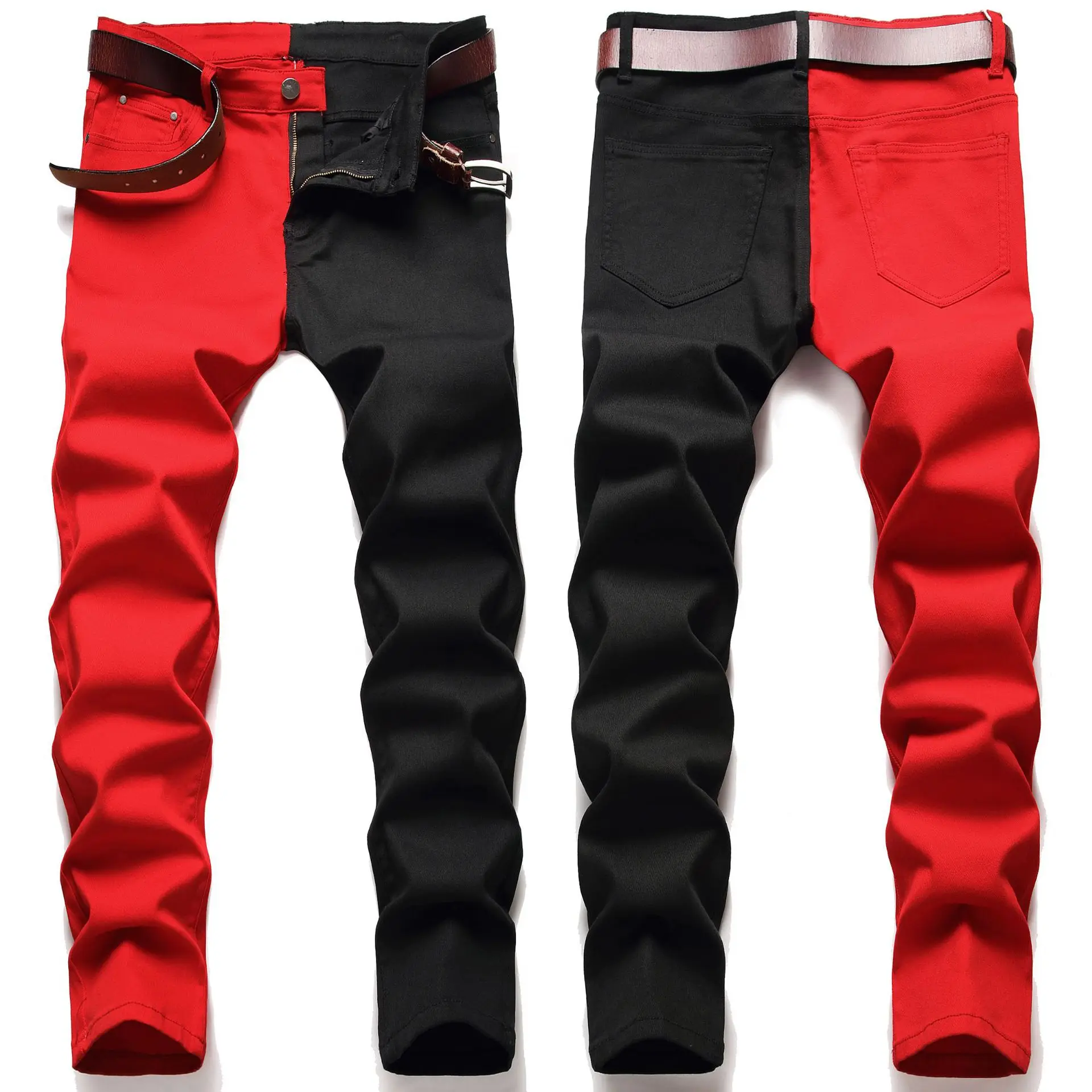 Men's Black Red Patchwork Denim Pants Streetwear Hip Hop Ripped Holes Jeans Fashion Harajuku Denim Trousers Jean Pantalon Homme