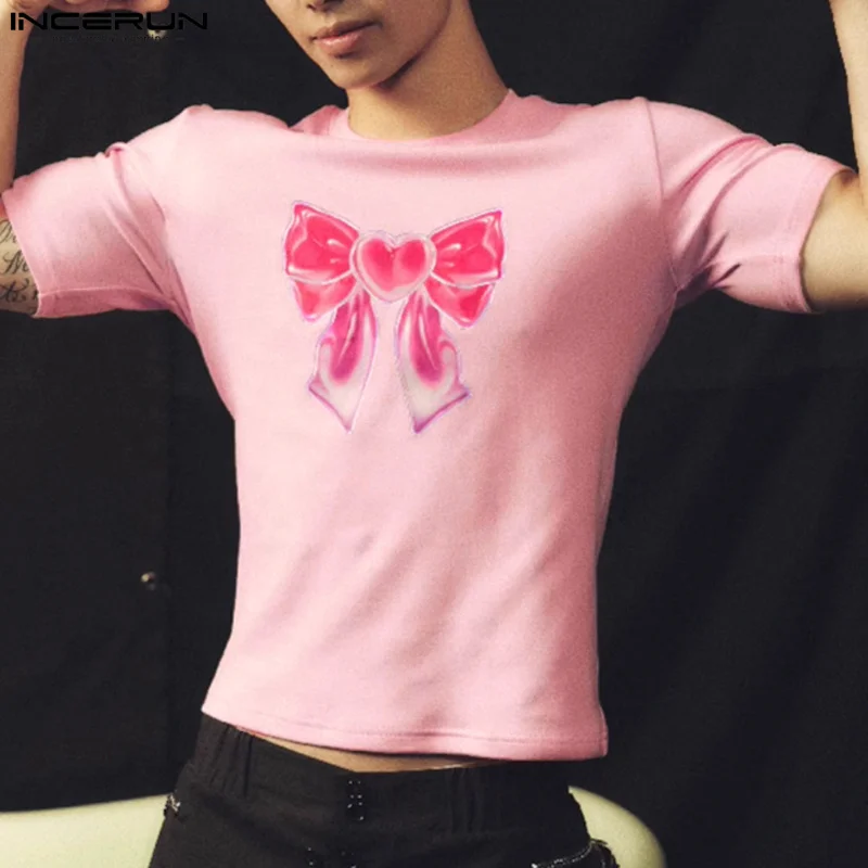 Футболка INCERUN мужская с забавным бантом модный топ в Корейском стиле