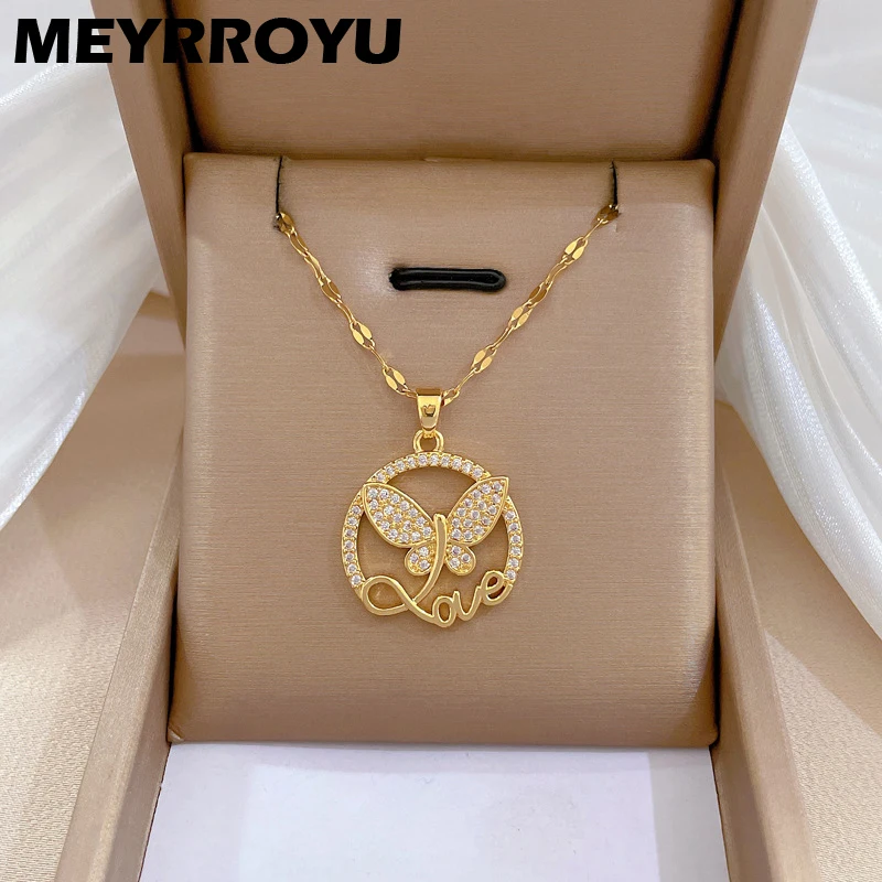 

MEYRROYU 316L Stainless Steel Necklace Golden Butterfly Letter LOVE Pendant Clavicle Accessories For Women Gifts Jewelry Bijoux