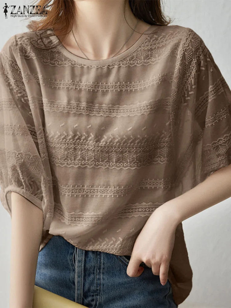 

2023 ZANZEA Women O Neck Half Sleeve Shirt Fashion Summer Lace Crochet Blouse Casual See-through Tops Loose Beach Holiday Blusas