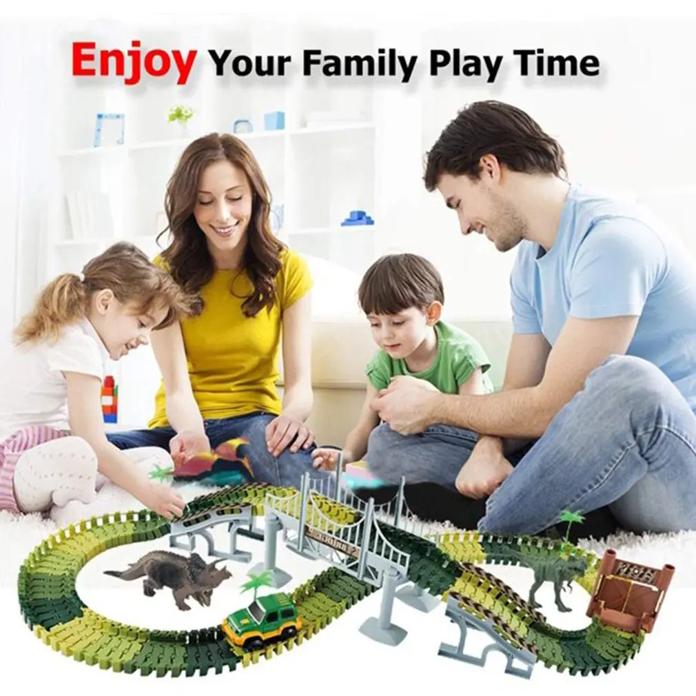 

Dinosaur Race Car Track 153pcs DIY Assemble Road Race Set with Flexible Track Dino Toys Bridge Ramps 2 Race Car Toys for Kids