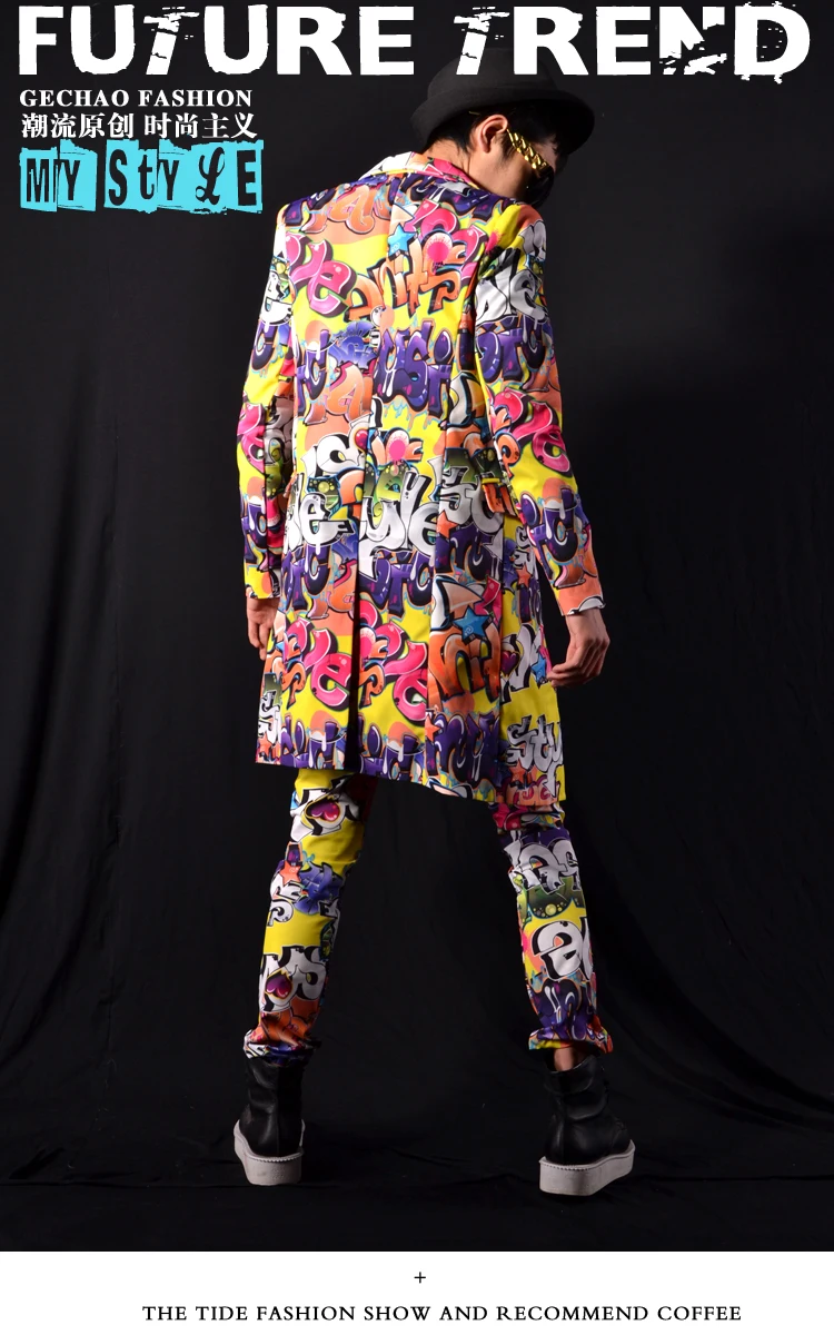 Костюм мужской длинный в клетку пиджак и брюки стиле пэчворк одежда для ночного