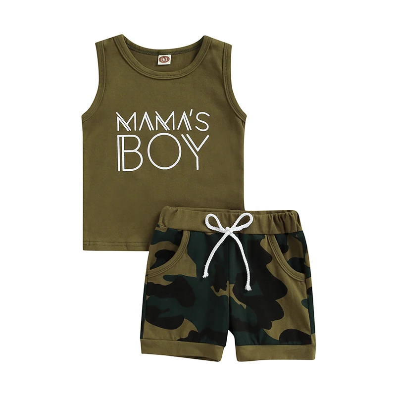 

Toddler Kids Boys Summer Outfit Sets Sleeveless Round Neck Letter Print Vest + Camouflage Drawstring Shorts Clothes Set