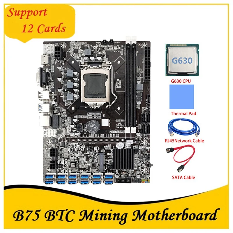 

Материнская плата B75 ETH для майнинга, материнская плата 12 PCIE к USB с ЦПУ G630 + сетевой кабель RJ45, LGA1155, поддержка DDR3, B75, USB, Майнер BTC
