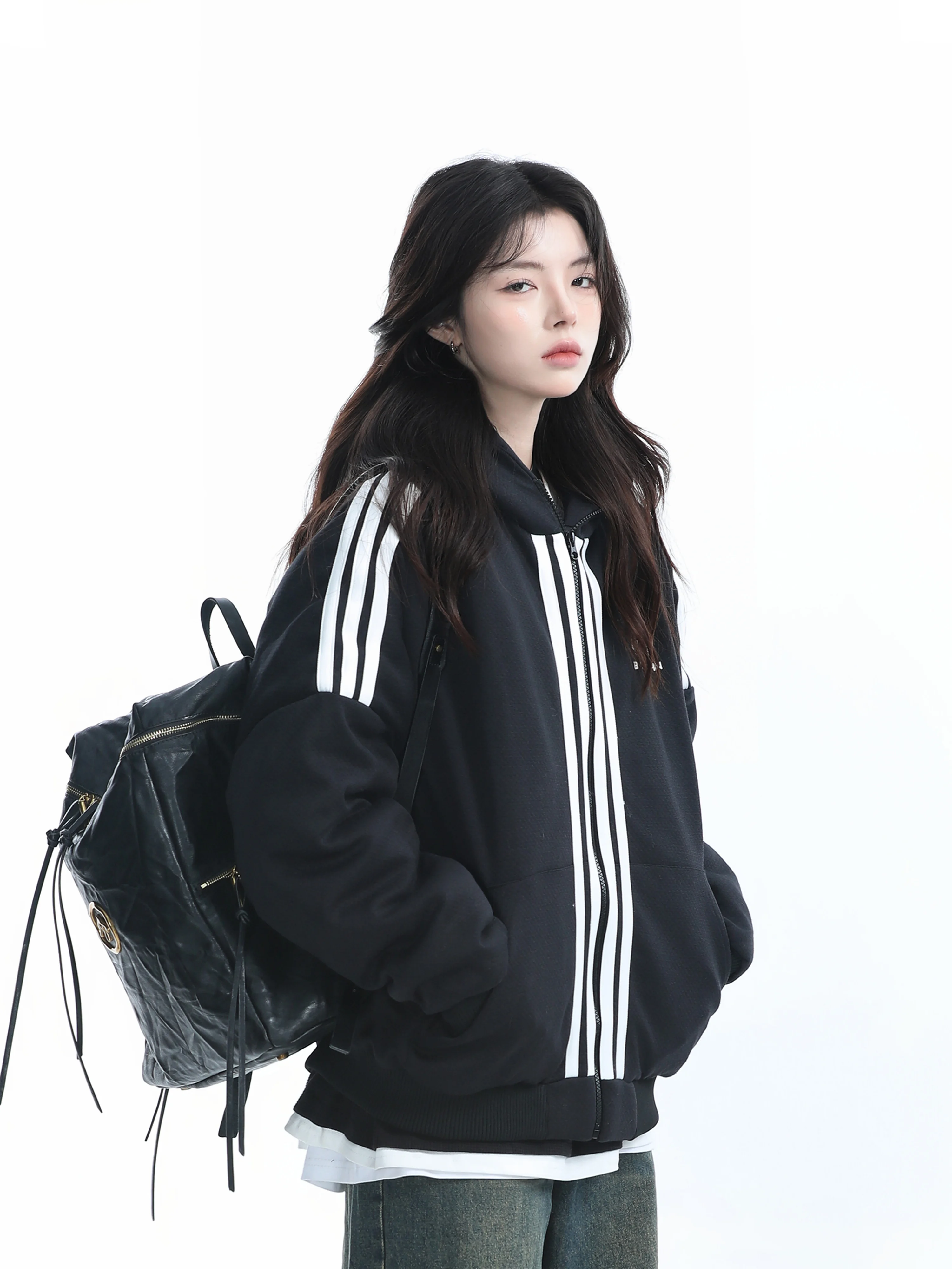 [Sitting in the Mountains] American vintage Three Bars Hood Cotton-Padded Clothes Outerwear Women Winter Sports Thickening Qu...