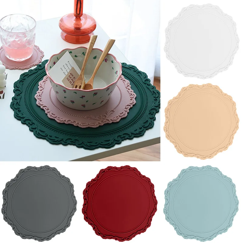 

1PC Pot Embossed Coasters Round Silicone Placemats Lace 12.5cm Home Supplies Plates Bowls Tableware Decoration