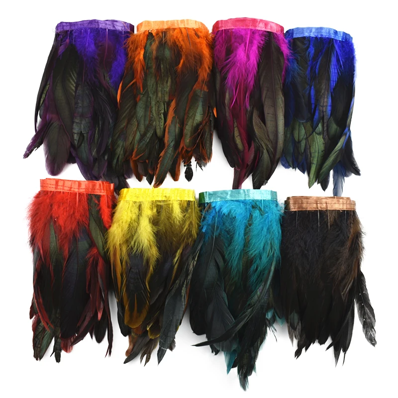 

Colorful Rooster Feathers Fringe Trim on Tape Chicken Pheasant Feather Ribbon Sewing Fly Tying Materials Artificial Decorations