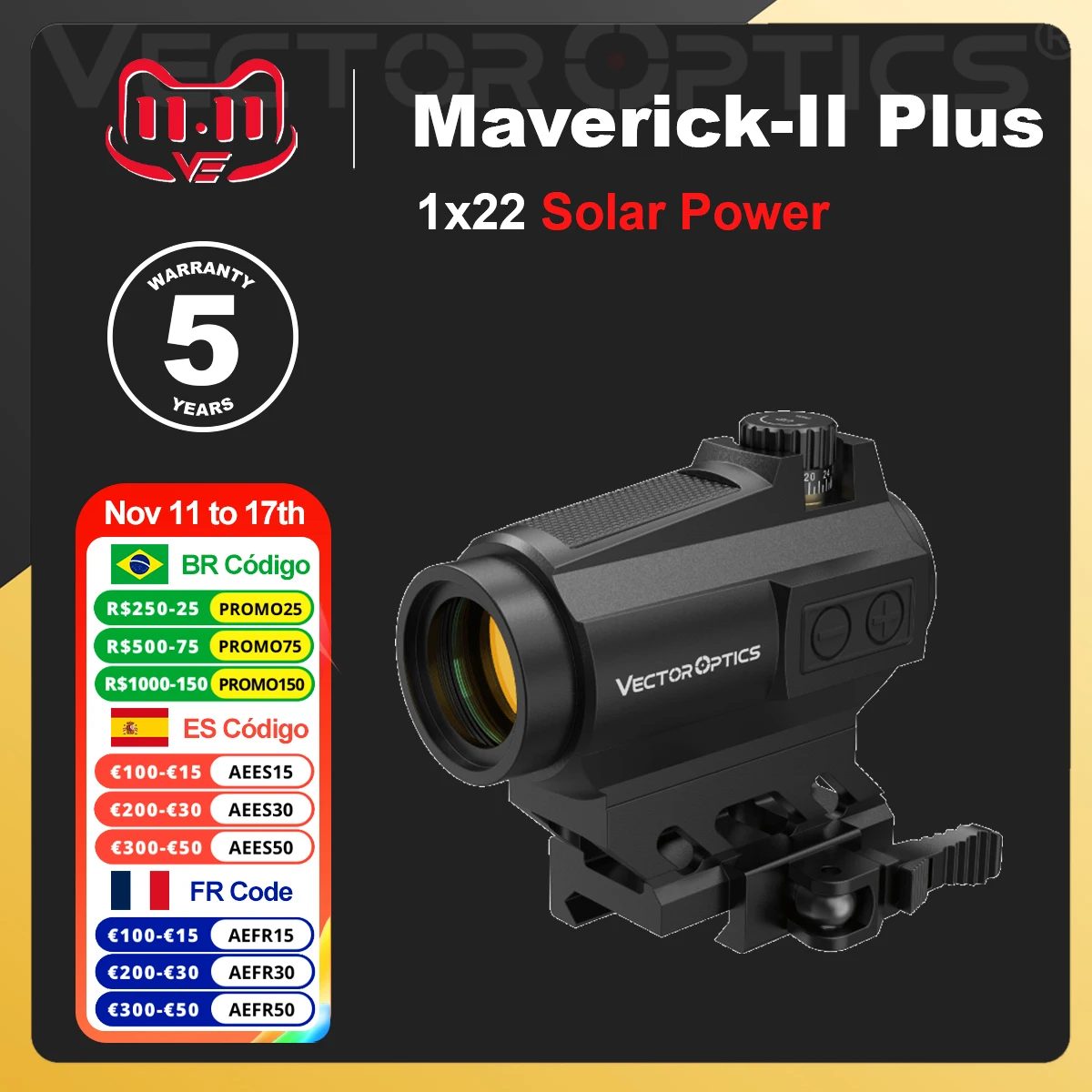 

Vector Oprics Maverick-II Plus 1x22 SOL Solar Power Red Dot Sight With 3MOA Dot Size Compact Design For AR AK Series .223 .308