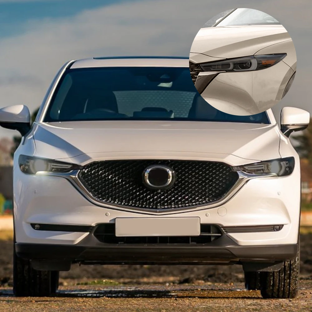 Фото Глянцевая дымчато-черная защитная пленка из ТПУ для фар Mazda CX-5 2017-2021, предварительно вырезанная, антицарапийная, виниловая пленка для оклейки, комплект. №1