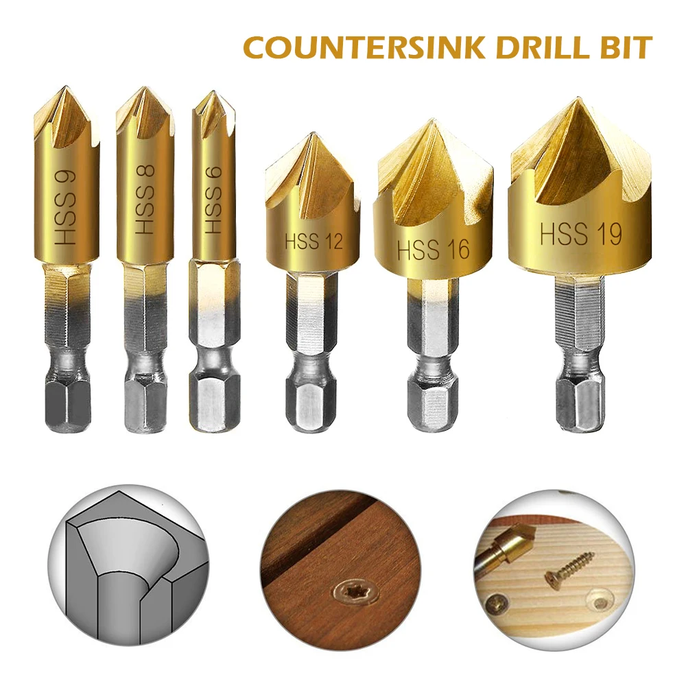 

6Pcs HSS Countersink Chamfer Drill Bit Hexagonal Shank Titanium Coated 5 Flutes 1/4" Coated Woodworking Core Dril Bit Hole Saw