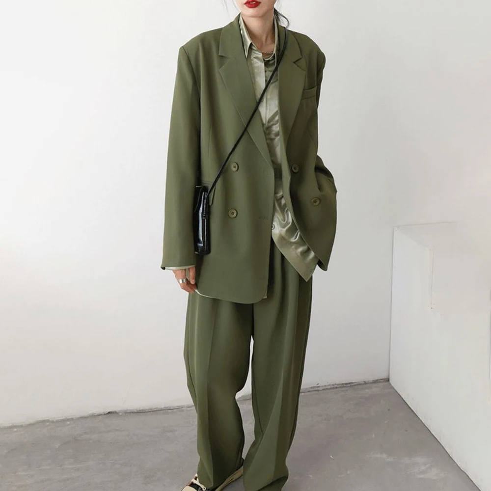 Fashion Loose Suit Jacket Female Spring 2023 New Duble Breasted Relaxed Design Sense Casual Blazers Wide Legs Pants 2 Pieces Set