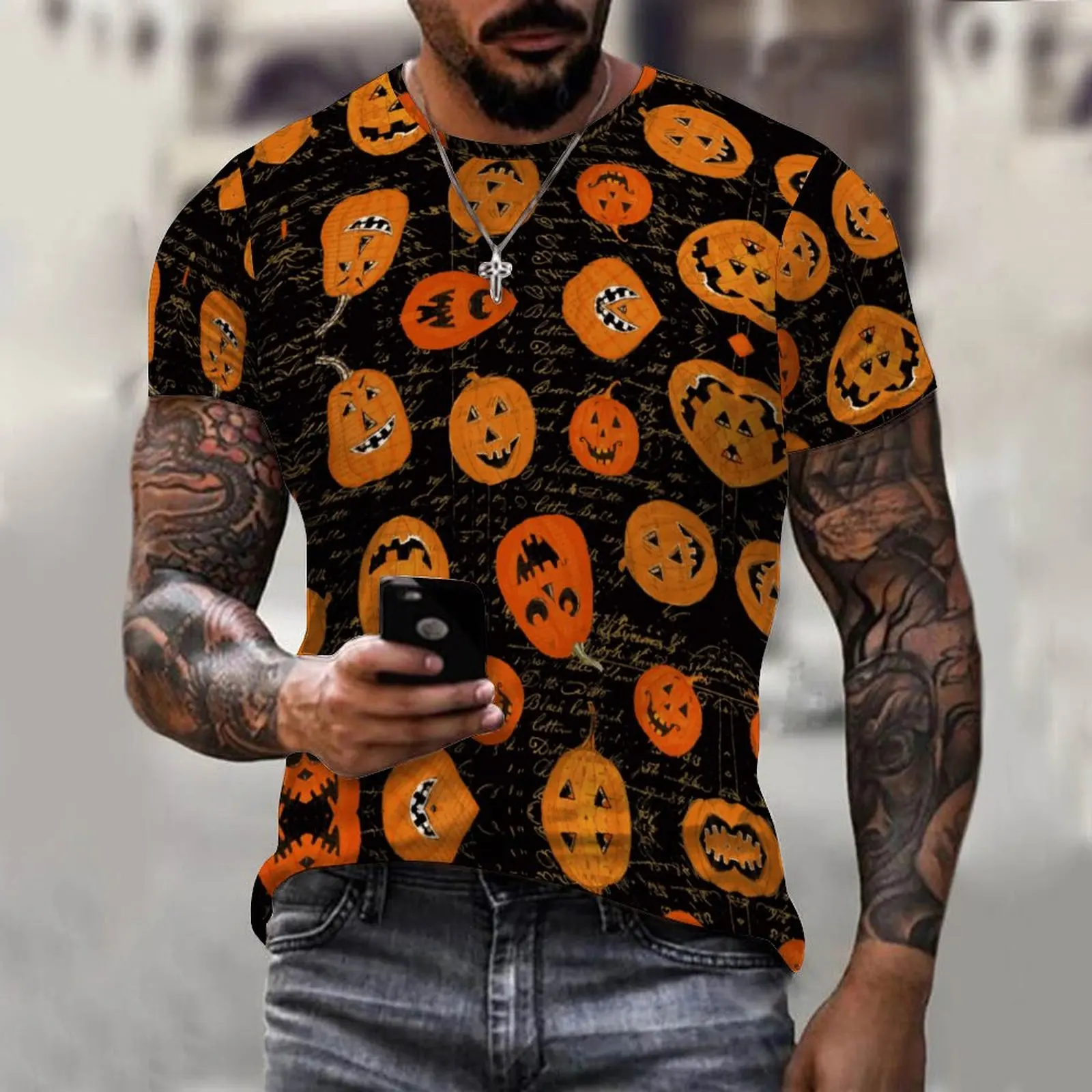 

Horror Halloween Pumpkin Graphic 3D Men's Print T-shirt Hip Hop Street Parody Fashion Short Sleeve o Neck t-shirts