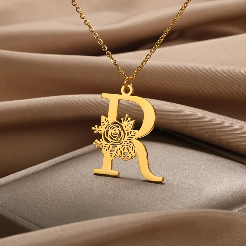 

Stainless Steel Rose Flower A-Z Letter Necklaces For Women Flower Initial Pendant Choker Necklace Alphabet Boho Jewelry Gift