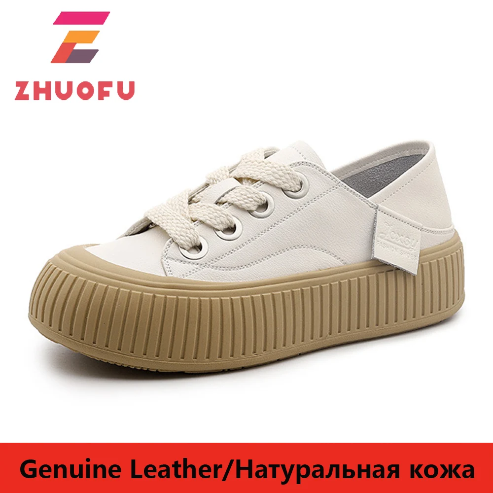 

ZHUOFU Women Vulcanize Cow Leather Shoes Flat Retro Thick-soled Increase Shoes Lace-up Sneakers Shoes White Casual Shoes Light