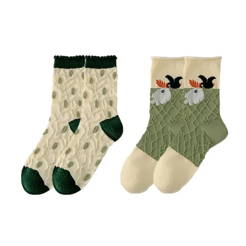 Женские носки средней длины 2 пары, кавайные универсальные зеленые в стиле ретро с цветами, мягкие дышащие ранцы для девушек и студенток
