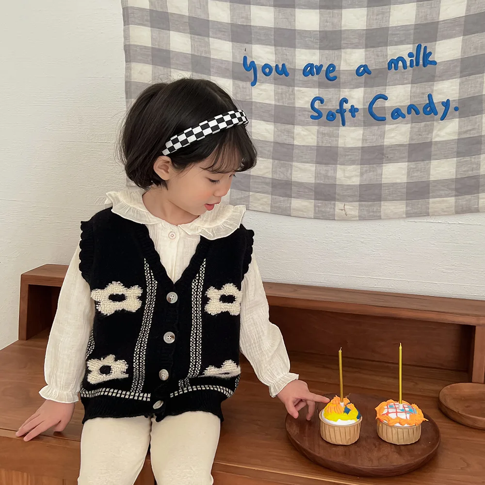 2022 Spring New Girls Knit Cardigan Vest Fashion Children Girls Flower Knitted Vest Jacket Kids Baby V-neck Sweater