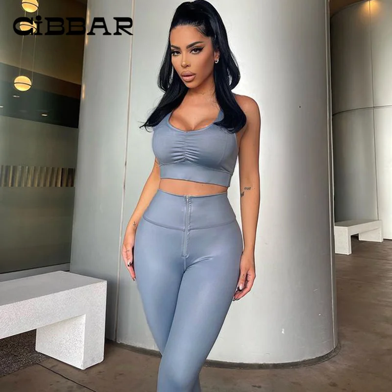 

Женские спортивные повседневные длинные брюки CIBBAR, летние комплекты для бега, обтягивающий жилет с рюшами + брюки с высокой талией, спортивн...