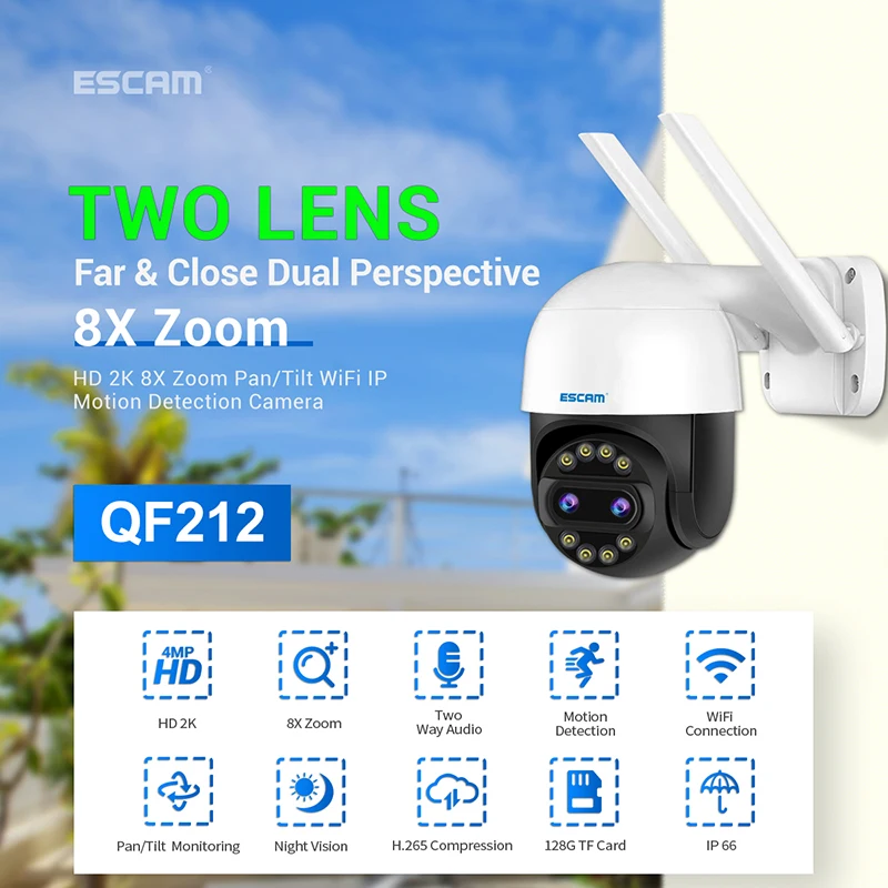 

IP-камера ESCAM QF212 с Wi-Fi, 4 МП, 8-кратным увеличением и двумя объективами