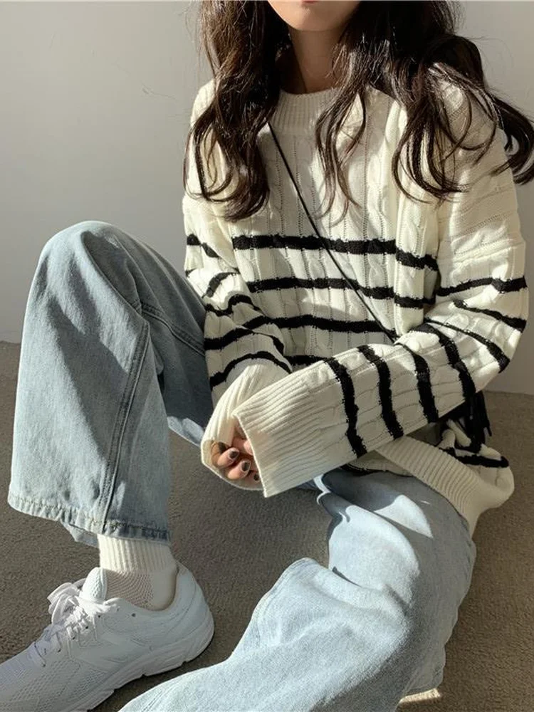 

QWEEK Korean Stripped Pullovers Women Sweater Knitted Casual College Style Student Long Sleeve Tops 2022 Autumn Kpop Fashion