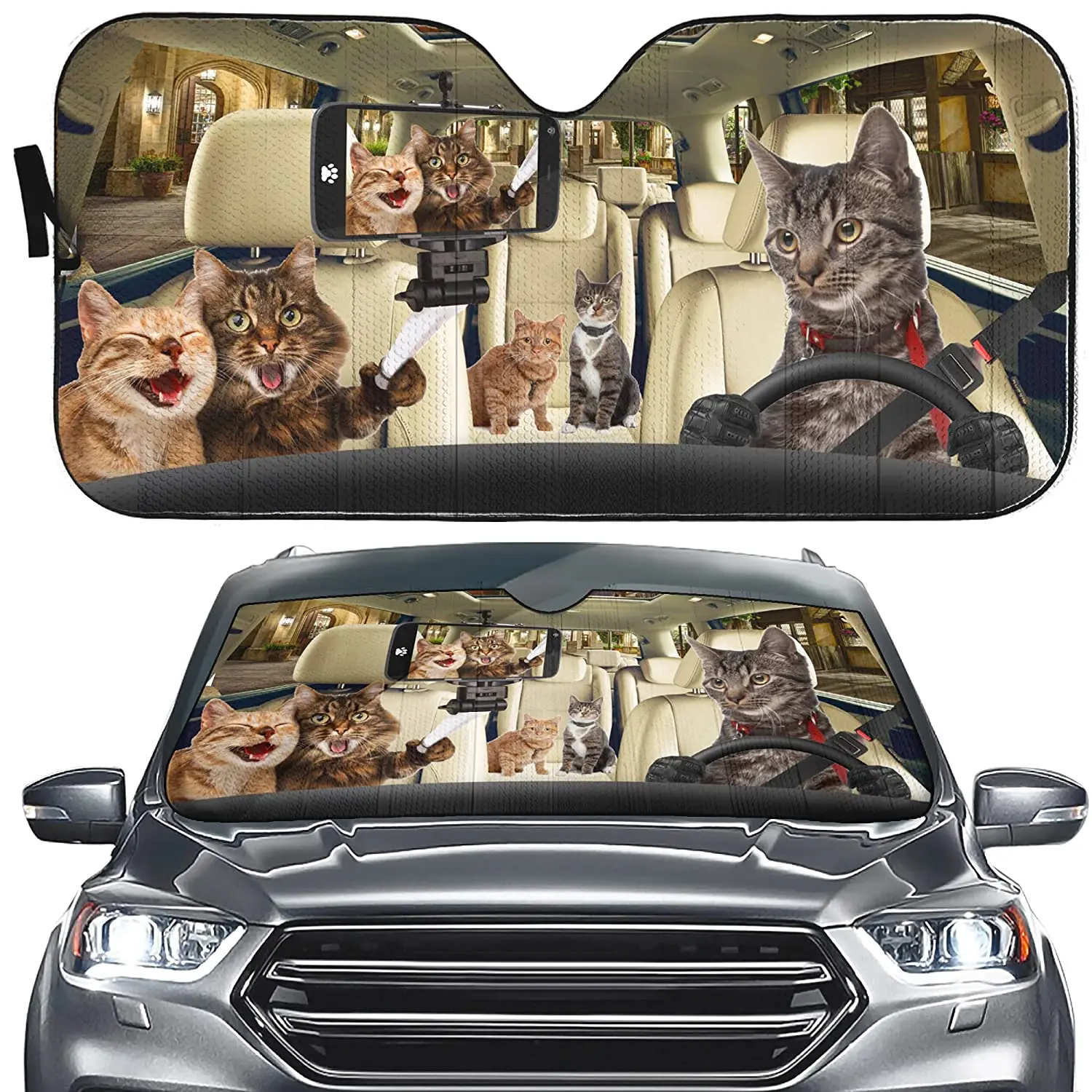 Selfie Cat Couple Sunshade Tabby Cat Driver Windshield Sun Shade for Car, Funny Amazing Pet Cat Auto Front Window Shade Visor Co