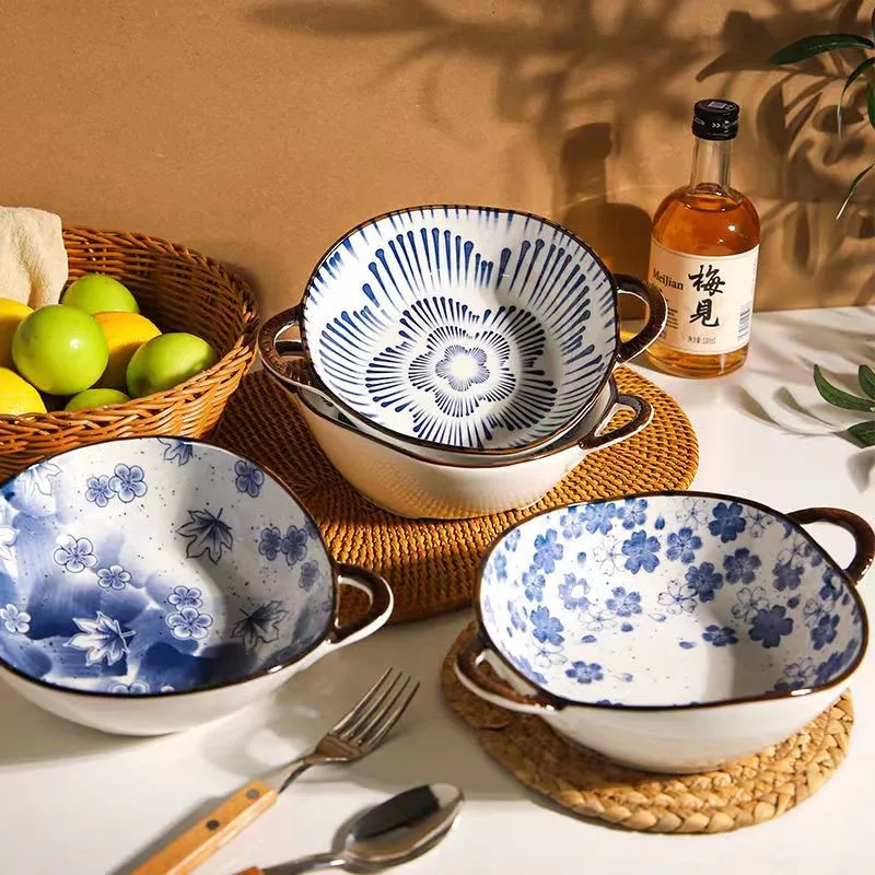 

Household Double Ear Soup Noodle Bowl Japanese Ceramic Anti-scald Ramen Bowls Creative Tableware Retro Fruit Salad Bowl kitchen