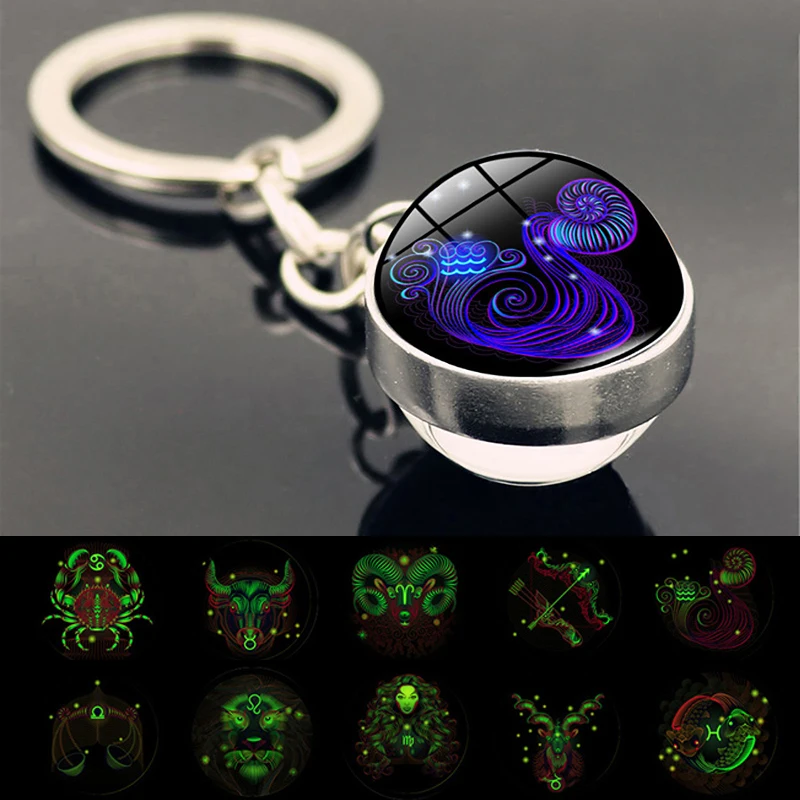 

Creative 12 Constellation Key Ring Time Stone Double-Sided Glass Ball Metal Keychain Pendant Key Chain Accessories Fashion Gift