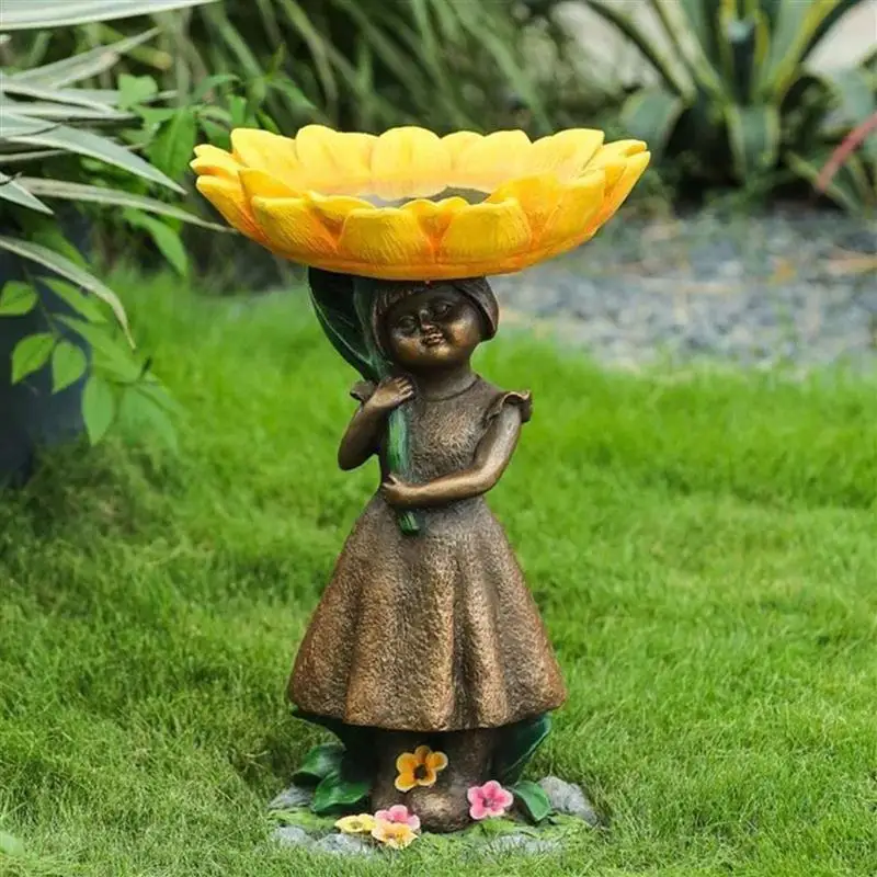 

Girl Helding Flower Bird Bath For Outside With Brown Pedestal Handmade Wild Bird Feeder Garden Tools Garden Outdoor Decoration