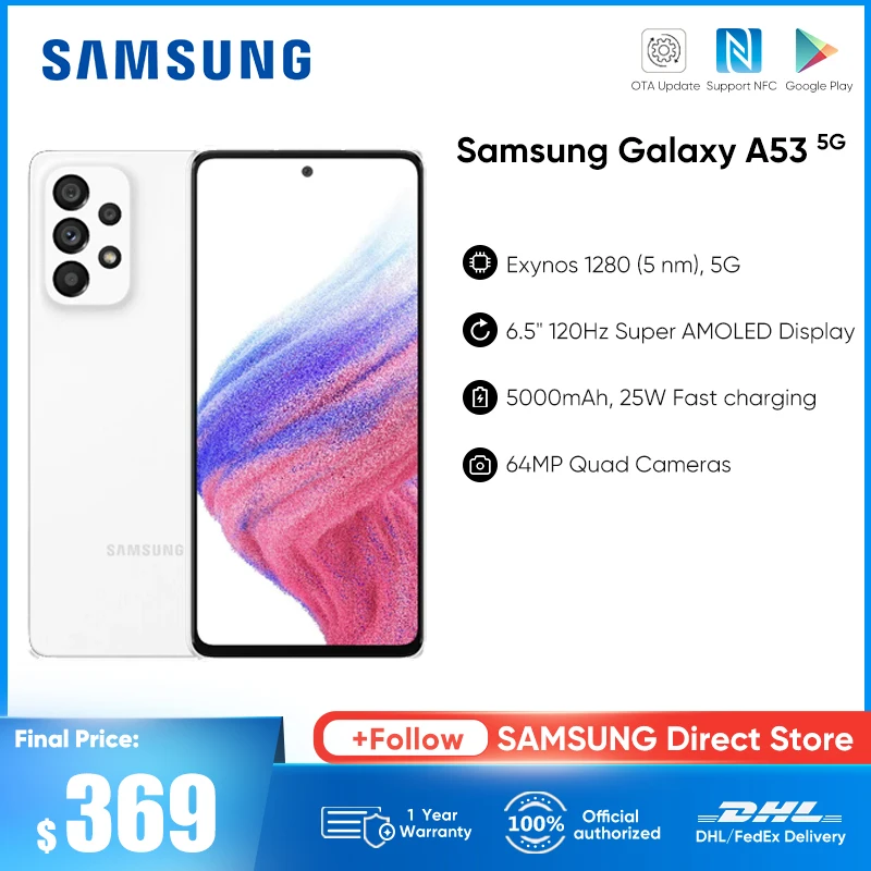 Original Samsung Galaxy A53 5G Smartphone Exynos 1280 6.5'' 120Hz Super AMOLED Cellphone 5000mAh 64MP Quad Camera Mobile Phone