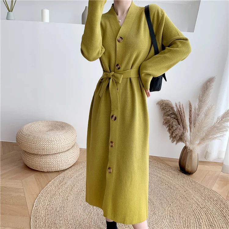 

Korean Elegant knitted Women Dress Bandage V-neck Single breasted Autumn Long Sleeve Casual Party dresses for women 2022 Fashion