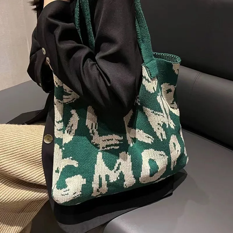 

Knitted Women's Bag Folded Eco Bag Korean Shopper Zebra Pattern Crochet Rope Shoulder Bag Knitting Handbag Chic Shopping Bag