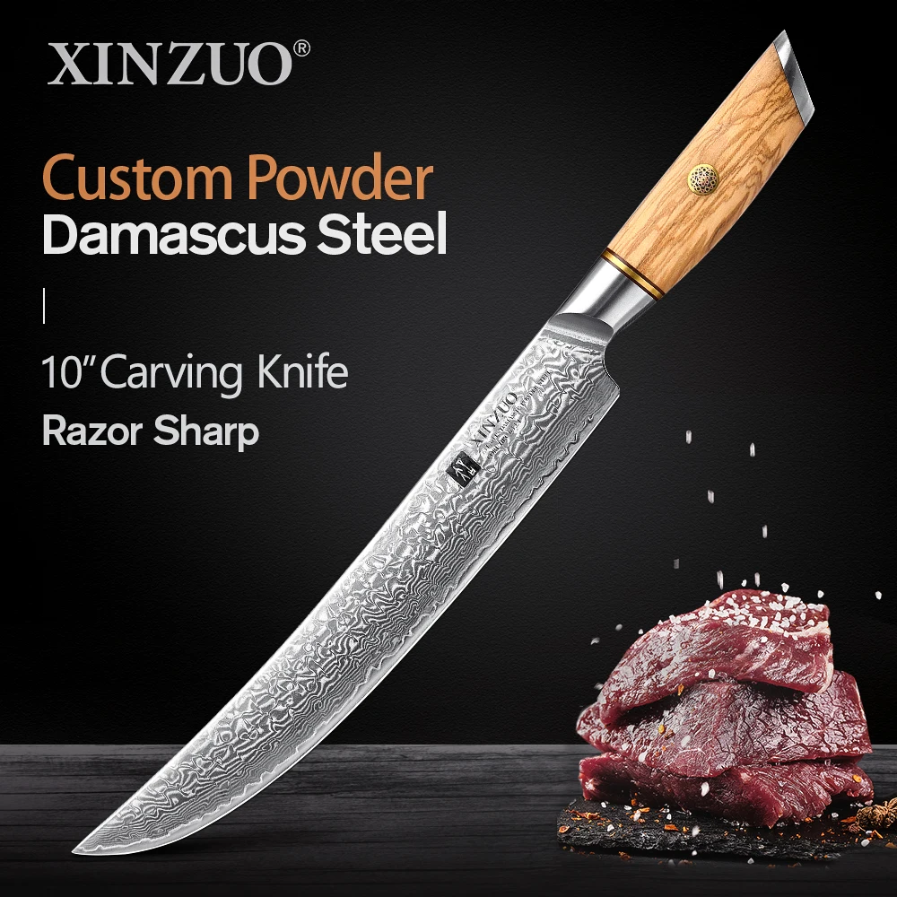 XINZUO 10'' in Carving Knife & Carving Fork Kitchen Knife Set VG10 Customized 73-layer Damascus Super Steel Olive Wood Handle