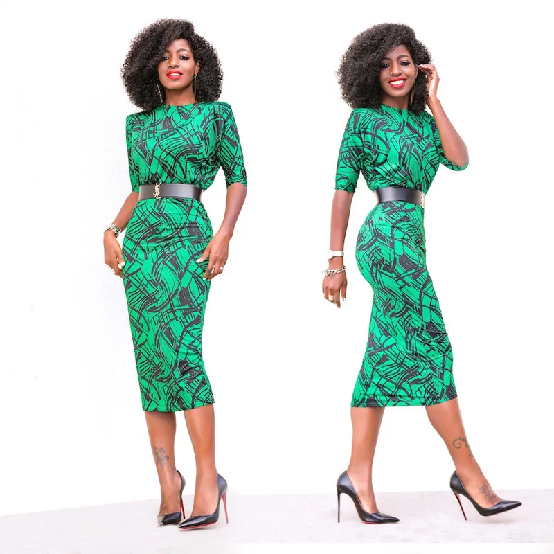 

2021European and American Foreign Trade Summer New Amazon AliExpress Women's Printed Slim Dress Midi Dress