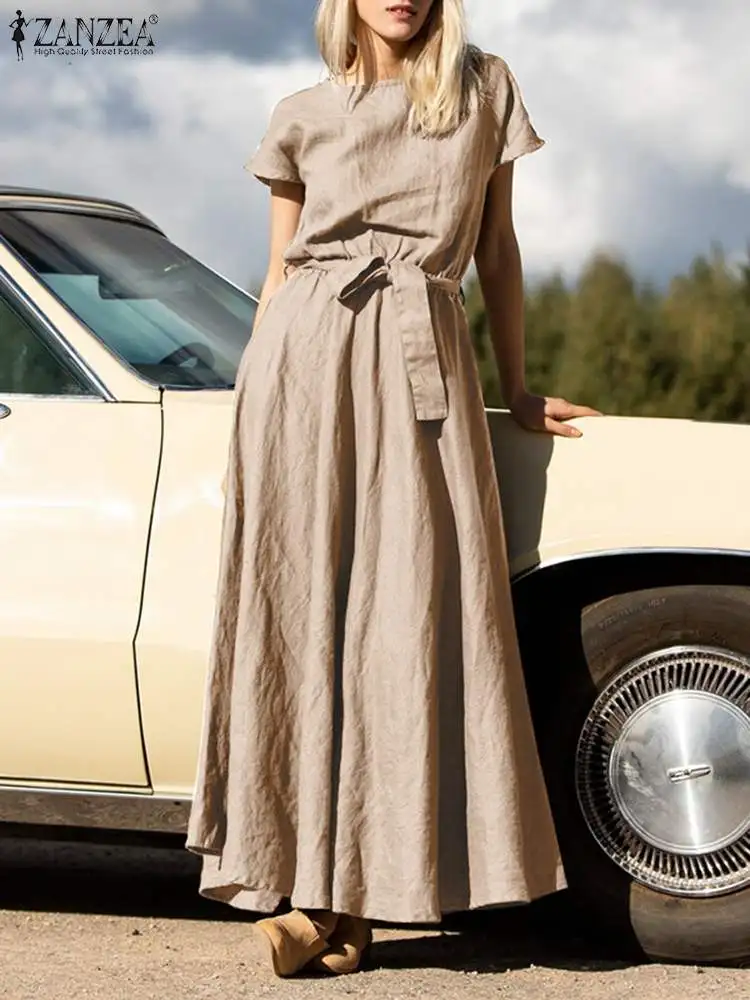 

Oversized Women Summer Sundress 2022 ZANZEA Vintage Solid Dress Casual Short Sleeve Maxi Vestidos Female O Neck Robe Femme