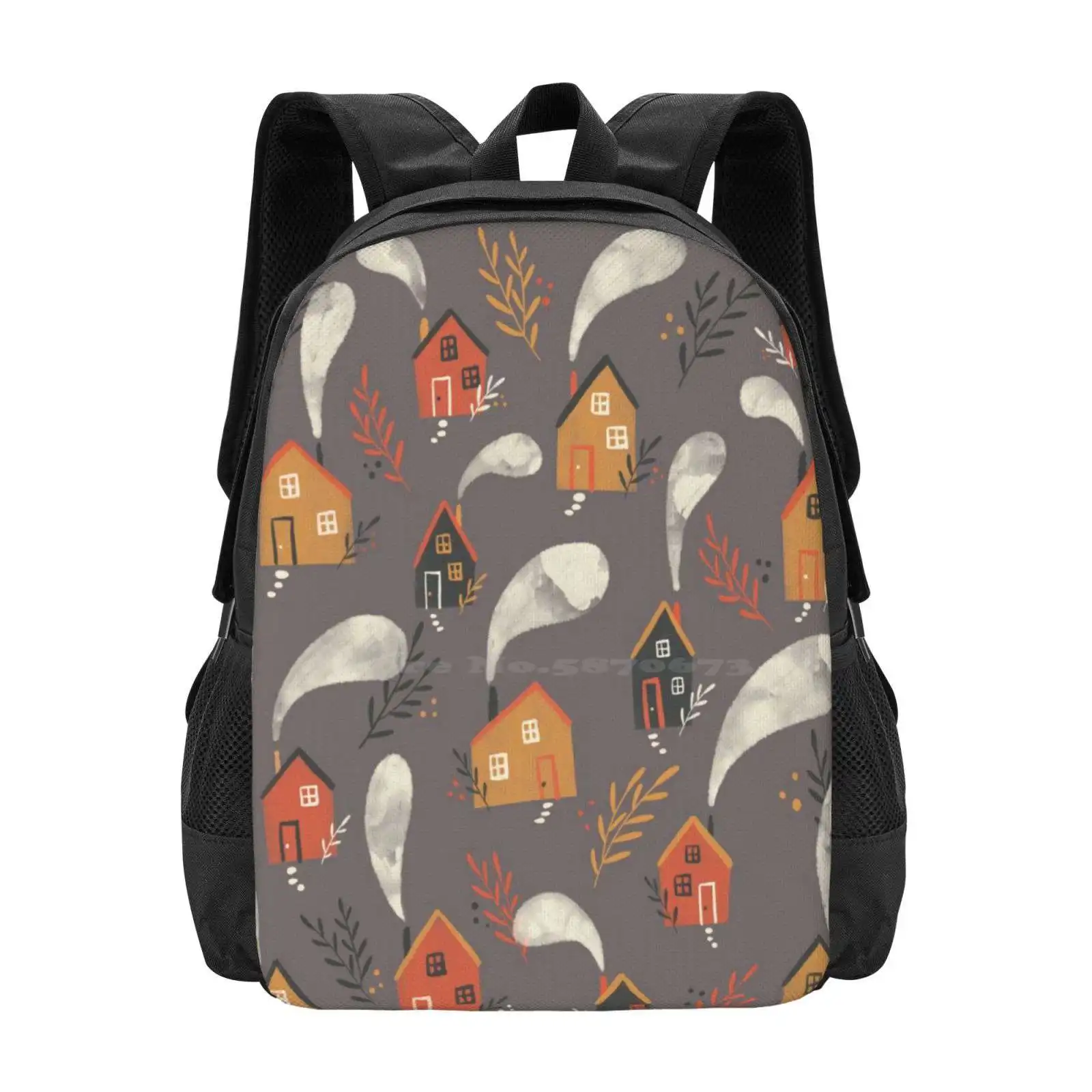 

Little Houses | Vintage Fall Pattern On Dark Background Hot Sale Backpack Fashion Bags Retro Little Houses Autumn Colors Fall