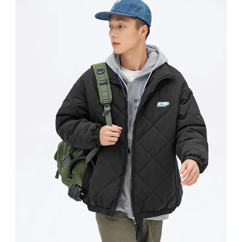 Streetwear Men New Blue Keep Warm Rhombic Lattice Padded Clothes Thicken Recreational Loose Down Jacket Comfortable Coat Female