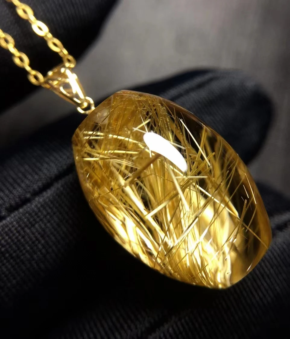 

Natural Gold Rutilated Quartz Barrel Pendant Necklace 20*14mm Yellow Rutilated Quartz Jewelry Women Brazil AAAAAAA