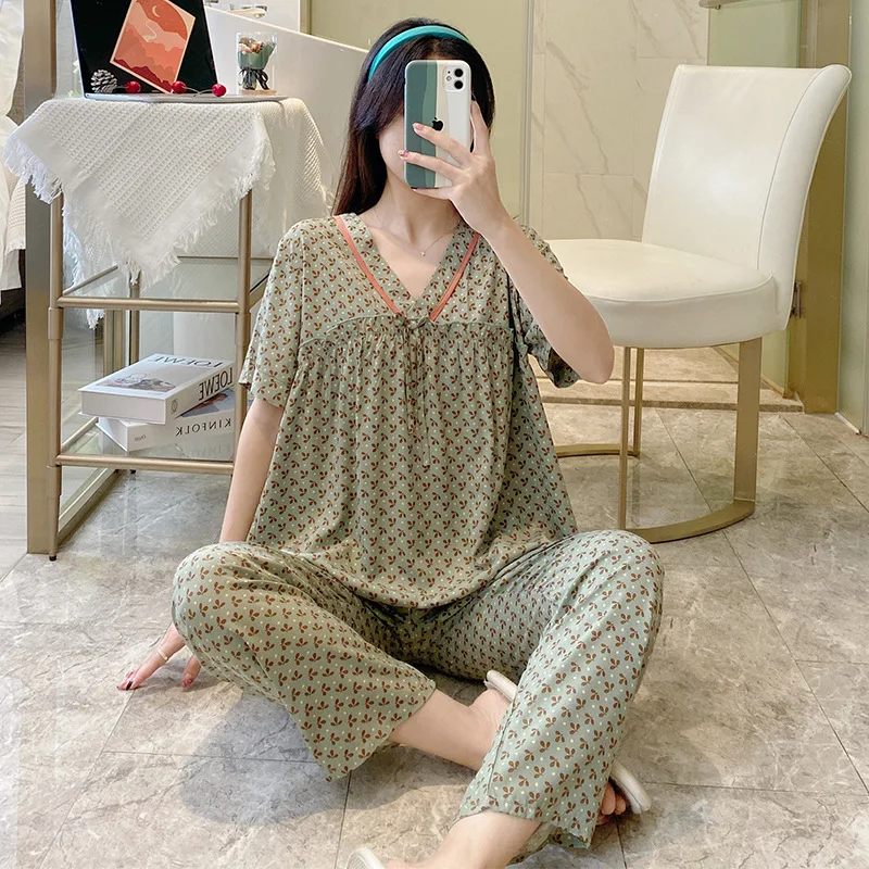 Spring and Summer New Pajamas Women's Short-sleeved Trousers Cotton Silk Suit V-neck Korean Version Thin Section Home Service