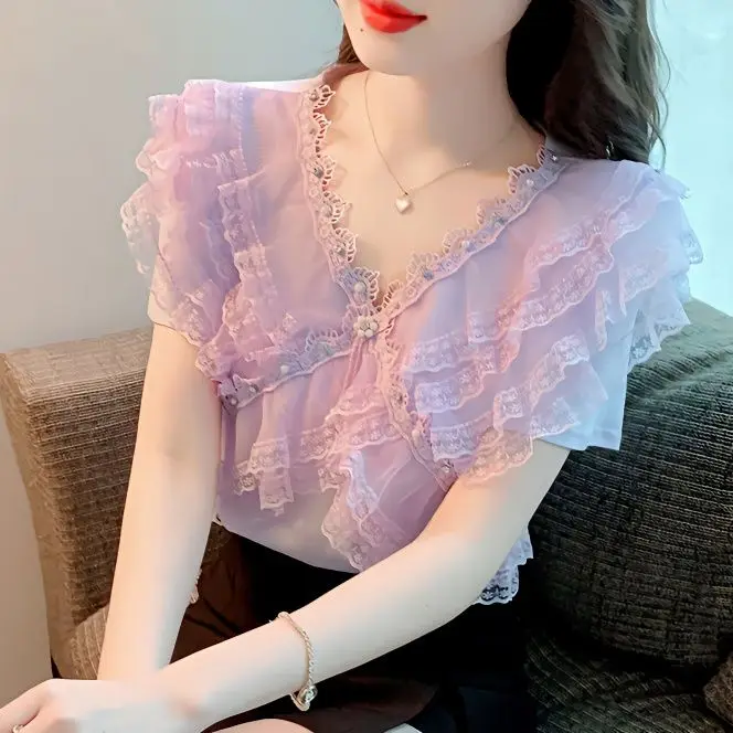 

Summer Women Chiffon Blouse Short Sleeves Shirts Office Casual Solid Color Ruffles Embroidery Flares Tops Female Sweetwear M157