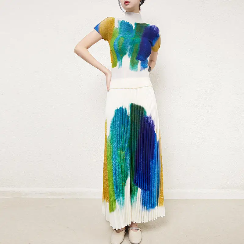 

Pleated suit summer new high collar printed T-shirt blouse in long pleated skirt casual set