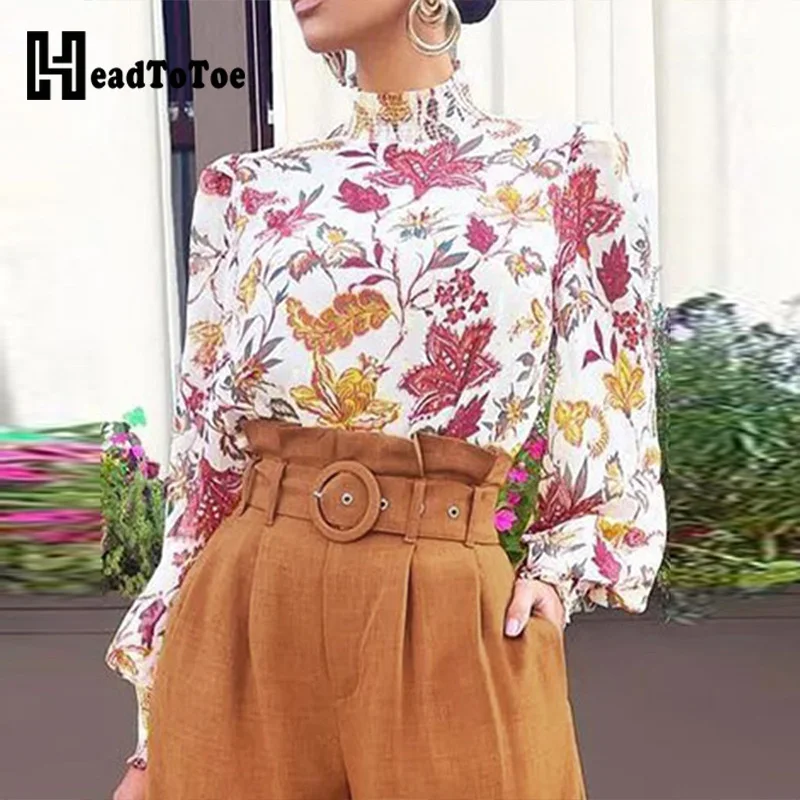 

Floral Print Shirred Puff Lantern Sleeve Blouse Tops Women