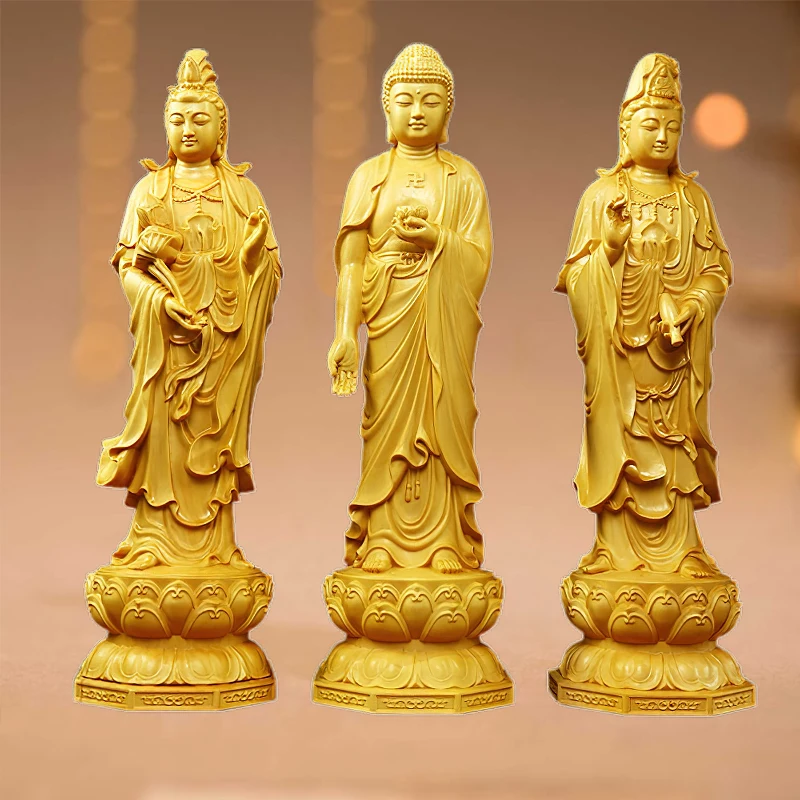 Деревянная статуэтка Будды Три святых ручной работы Гуаньинь украшение для дома