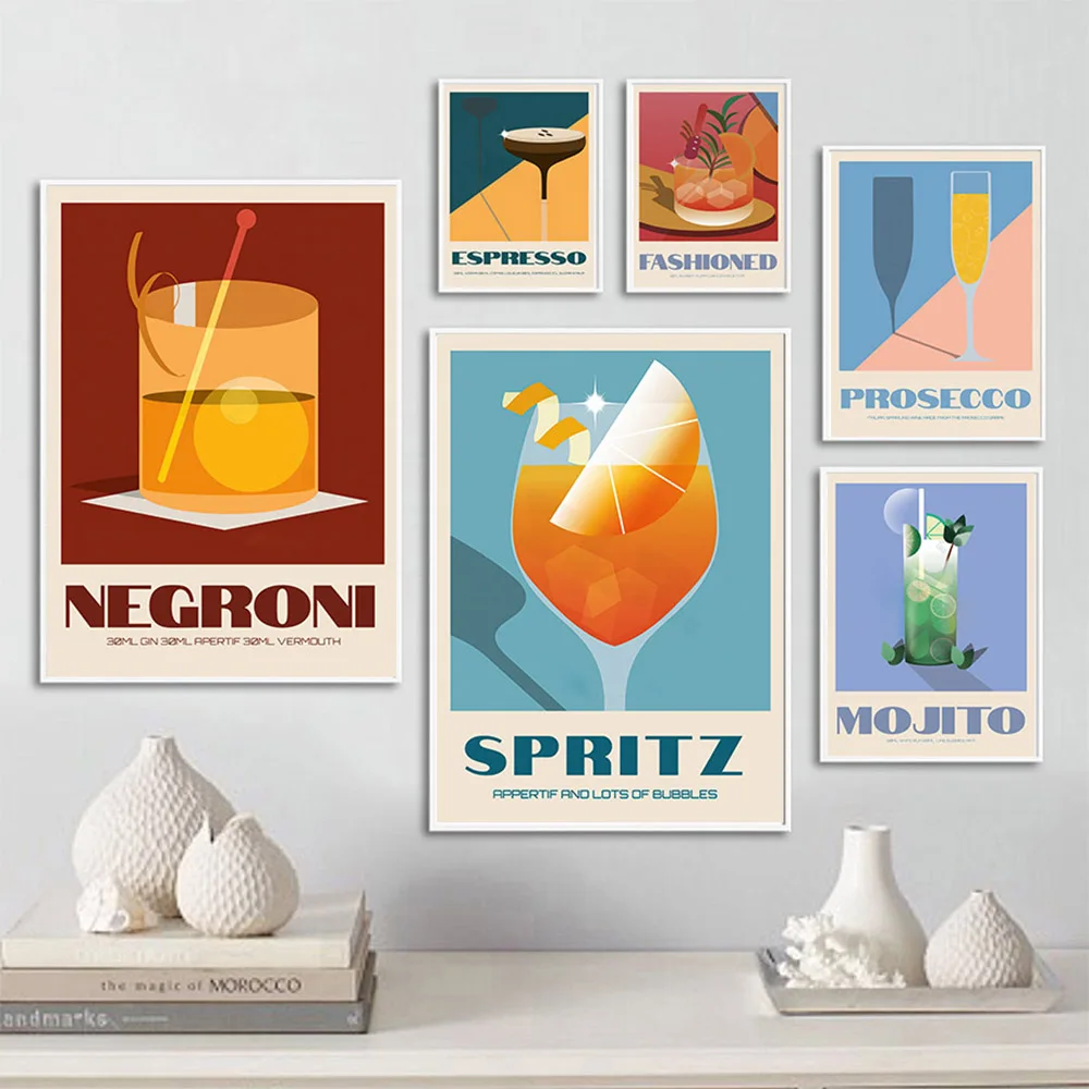 

Vintage Mojito Wine Whiskey Art Poster Nordic Coffee Paintings Print On Canvas Wall Pictures For Bar Kitchen Room Decor Murals