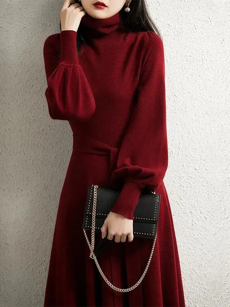 

Turtleneck Women Warm Knit Sweater Dress 2022 Autumn Winter Lantern Sleeve Knitted Dress Burgundy Black Long Party Dresses