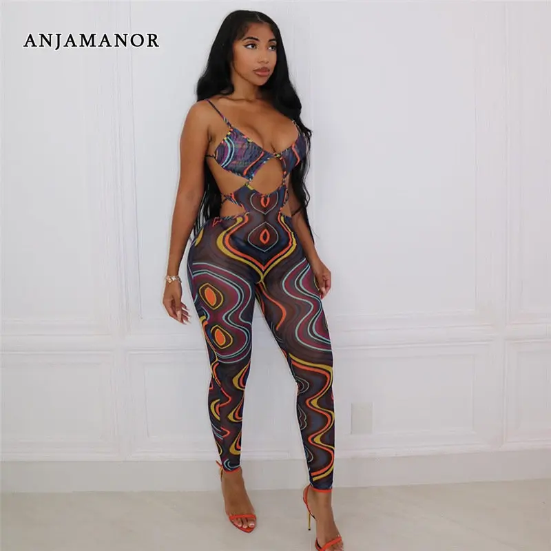 

ANJAMANOR Fashion Print See Through Mesh Jumpsuit Club Summer Outfit Hollow Out Backless Halter Jumpsuits for Women 2023 D87BG14