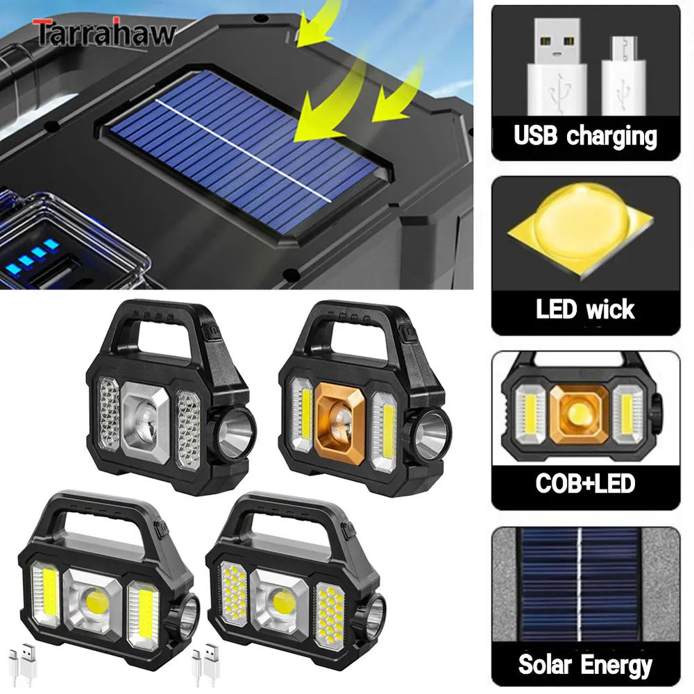 Portable 500LM Super Bright LED Camping Flashlight With COB Work Lights Solar/USB Rechargeable handheled 6Modes Solar Lamp