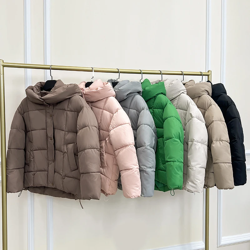 Stand Collar Solid Color Drawstring Jacket Women's Zipper Loose Cotton Coat Autumn Winter Ladies Warm Hooded Parka Coat Women